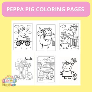May include: A collection of Peppa Pig coloring pages. The pages feature various scenes with Peppa Pig, including riding a bike, on a unicorn, at the zoo, and near a treehouse. The text "PEPPA PIG COLORING PAGES" is at the top.
