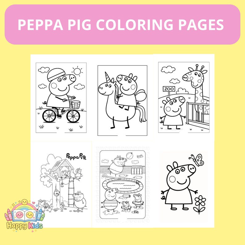 May include: A collection of Peppa Pig coloring pages. The pages feature various scenes with Peppa Pig, including riding a bike, on a unicorn, at the zoo, and near a treehouse. The text "PEPPA PIG COLORING PAGES" is at the top.
