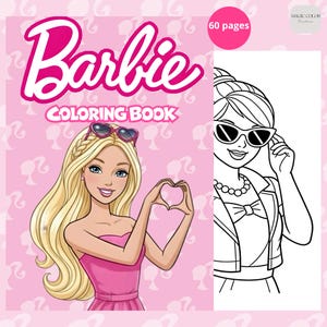 May include: A Barbie colouring book with a pink cover featuring a blonde character in a pink dress making a heart shape with hands. The cover displays the text Barbie Colouring Book and 60 pages. A black and white line art illustration shows a character wearing sunglasses and a jacket.
