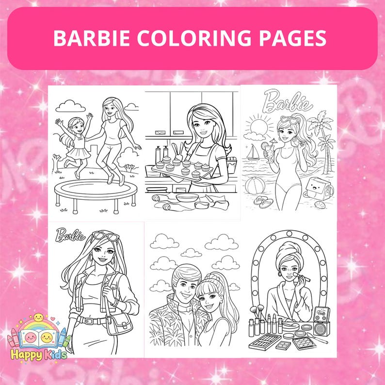 May include: A collection of Barbie coloring pages featuring various scenes. The pages include images of Barbie in different settings, such as on a trampoline, baking, at the beach, and getting ready. The text "Barbie Coloring Pages" is at the top.