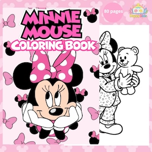 Op de afbeelding: Een Minnie Mouse kleurboek met een roze omslag. De omslag toont Minnie Mouse met een stippenstrik en de tekst "Minnie Mouse Coloring Book". Het boek heeft 80 pagina's en een zwart-wit illustratie van Minnie Mouse die een teddybeer vasthoudt.