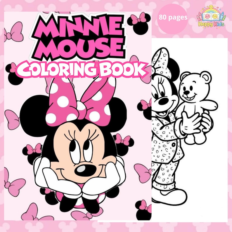 Op de afbeelding: Een Minnie Mouse kleurboek met een roze omslag. De omslag toont Minnie Mouse met een stippenstrik en de tekst "Minnie Mouse Coloring Book". Het boek heeft 80 pagina's en een zwart-wit illustratie van Minnie Mouse die een teddybeer vasthoudt.