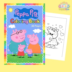 Può includere: Un libro da colorare di Peppa Pig con 30 pagine. La copertina presenta la famiglia Peppa Pig in un design colorato. Il libro è su uno sfondo giallo con una pagina da colorare vuota visibile.