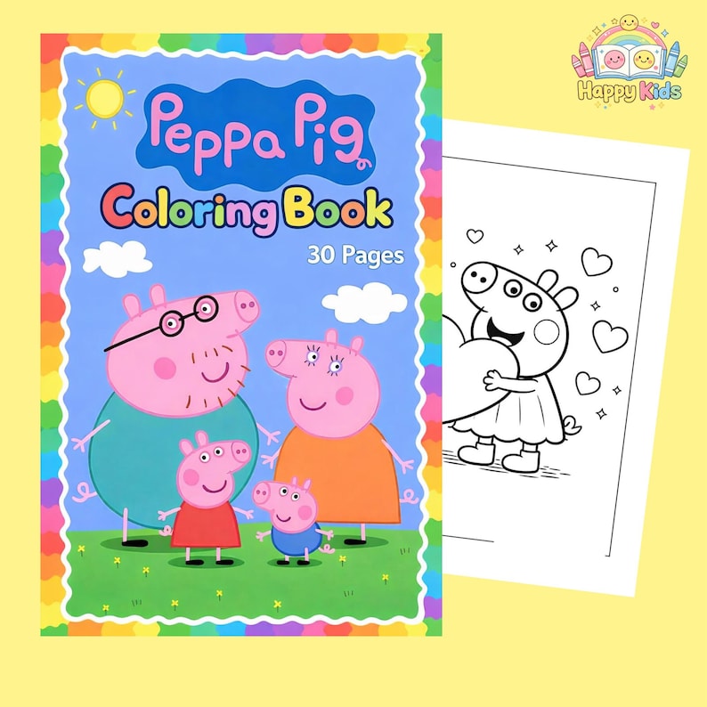 May include: A Peppa Pig coloring book with 30 pages. The cover features the Peppa Pig family in a colorful design. The book is on a yellow background with a blank coloring page visible.