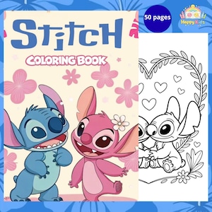 May include: A Stitch coloring book with a blue cover and the words "Stitch Coloring Book". The cover features Stitch and Angel, with pink flowers. The right side shows a black and white coloring page with Stitch and Angel.
