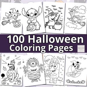 Könnte beinhalten: Eine Sammlung von 100 Halloween-Malvorlagen mit schwarz-weißen Strichzeichnungen verschiedener Zeichentrickfiguren in Kostümen, darunter eine Hexe, eine Mumie und Figuren auf Besenstielen mit Kürbissen und Fledermäusen.