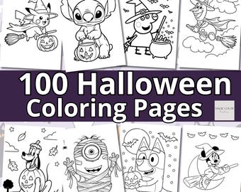 May include: A collection of 100 Halloween coloring pages featuring black and white line art illustrations of various cartoon characters in costumes, including a witch, a mummy, and characters riding broomsticks with pumpkins and bats.