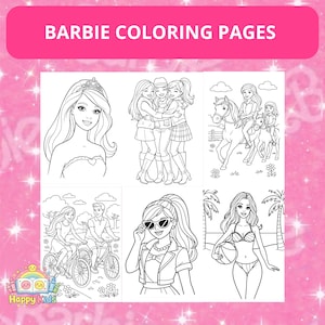 May include: Barbie coloring pages featuring various scenes of Barbie and her friends. The black and white illustrations include Barbie wearing a tiara, friends hugging, riding horses, riding bikes, and posing in sunglasses and a bikini.