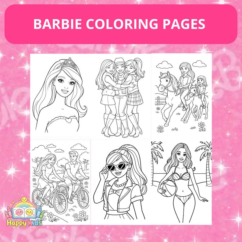 May include: Barbie coloring pages featuring various scenes of Barbie and her friends. The black and white illustrations include Barbie wearing a tiara, friends hugging, riding horses, riding bikes, and posing in sunglasses and a bikini.