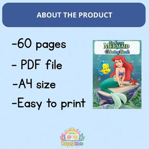 May include: A digital coloring book titled "The Little Mermaid Coloring Book" featuring Ariel, Flounder, and Sebastian. The product details include 60 pages, a PDF file, A4 size, and easy printing.
