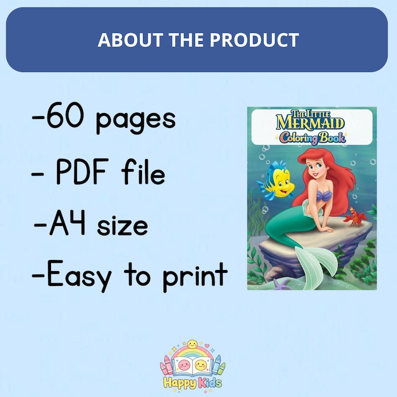 May include: A digital coloring book titled "The Little Mermaid Coloring Book" featuring Ariel, Flounder, and Sebastian. The product details include 60 pages, a PDF file, A4 size, and easy printing.