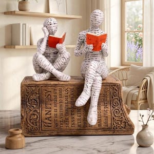 Op de afbeelding: Twee zittende beeldjes die boeken met oranje kaften lezen, bovenop een houten kist met tekst. De figuren zijn wit met zwarte tekstpatronen. De kist heeft gesneden tekst en decoratieve elementen.