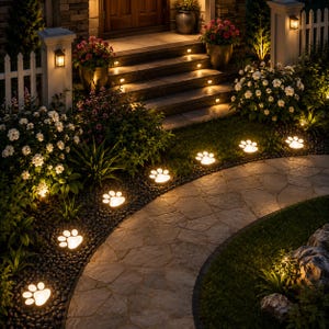 May include: A series of illuminated paw print-shaped garden lights embedded in a dark pebble border along a stone walkway. The lights emit a warm white glow, highlighting the path leading toward a set of stairs with integrated step lighting.