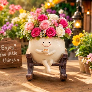 May include: A cream-colored, round, anthropomorphic planter with a smiling face, holding a small cup, and sitting on a dark brown wooden rocking chair. The planter is filled with a vibrant bouquet of pink, white, and magenta roses and small flowers.