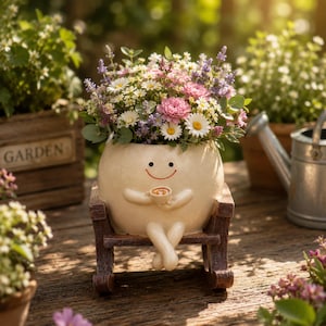 Puede incluir: Una maceta de cerámica color crema con forma de personaje redondo con cara sonriente, que sostiene una pequeña taza. La maceta se asienta sobre una mecedora de madera en miniatura y está llena de un arreglo de flores rosas, blancas y moradas.