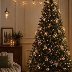 May include: A tall, green artificial Christmas tree decorated with warm white starburst string lights and metallic silver and bronze ornaments. A gold star topper sits at the peak, with wrapped gift boxes placed in a woven basket at the base.