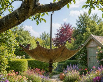 May include: A bronze-colored, umbrella-shaped bird feeder hanging from a tree branch. The feeder has a decorative finial and a small bird perched inside. The background features a lush garden with various flowers and a small shed.