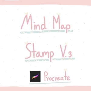 May include: A digital art graphic with the words "Mind Map Stamp V.3" in pink script, above a Procreate app icon. The background is white with a pink border and small gray dots.