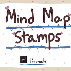 May include: A digital art graphic with the words "Mind Map Stamps" in a whimsical font, accented with hearts and blue lines. The Procreate logo is at the bottom.