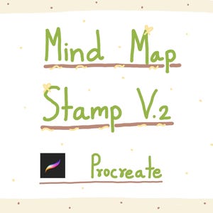 Puede incluir: Gráfico de arte digital con las palabras "Mind Map Stamp V.2" en verde, con un logotipo de Procreate y la palabra "Procreate" debajo. El fondo es de color beige claro con pequeños puntos marrones.