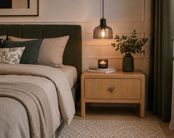 Groot massief eiken nachtkastje | Handgemaakt houten nachtkastje | Minimalistisch Japandi bijzettafeltje | Meubels van natuurlijk wit eikenhout