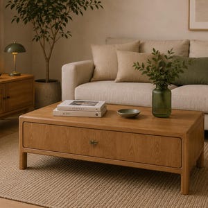 Op de afbeelding: Een rechthoekige salontafel van lichtbruin hout met een brede lade voorzien van een kleine metalen handgreep in de vorm van een libel. De tafel heeft vier stevige poten en een gladde afwerking met een natuurlijke houtnerf.