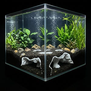 Könnte beinhalten: Ein quadratisches Glasaquarium gefüllt mit dunklem Bodengrund, grünen Wasserpflanzen und kleinen Steinen. Eine weiße, mehrkammerige Keramik-Höhlenstruktur mit kreisförmigen Öffnungen ist in den Bodengrund eingebettet und hat eine Textur.