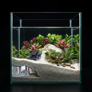 Könnte beinhalten: Ein quadratisches Glasaquarium gefüllt mit hellbeigem Sand, das auf der linken Seite eine weiße Steinbogenstruktur aufweist. Das Becken enthält verschiedene Wasserpflanzen in Grün-, Rot- und Dunkellila-Tönen sowie kleine, glatte Kieselsteine.