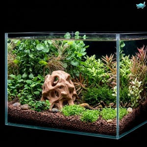 Op de afbeelding: Een rechthoekig glazen aquarium gevuld met water, met een bruine poreuze rotsstructuur in het midden, diverse groene waterplanten en een donkerbruine grindbodem. Het aquarium staat tegen een effen zwarte achtergrond.