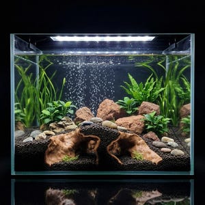 Puede incluir: Un acuario rectangular de cristal lleno de agua, con sustrato oscuro, dos arcos de madera flotante marrón claro, varias rocas volcánicas de color marrón rojizo, plantas acuáticas verdes y guijarros, iluminado por una tira de luz LED superior.