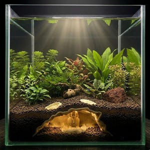 May include: A square glass aquarium filled with water, lush green aquatic plants, and dark brown substrate. A hollow, beige, cave-like structure is embedded in the substrate, featuring a detailed miniature Egyptian sphinx statue inside.