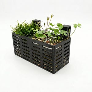Puede incluir: Una jardinera rectangular negra con un diseño ranurado, llena de plantas verdes y pequeñas piedras. La jardinera tiene dos asas pequeñas y está sobre un fondo blanco. Las plantas incluyen trébol y musgo.