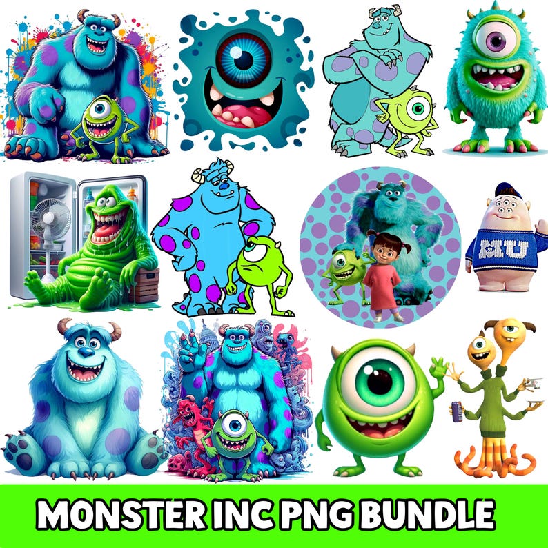K&ouml;nnte beinhalten: Eine Sammlung farbenfroher digitaler Illustrationen mit Charakteren aus dem Animationsfilm "Monster AG". Die Bilder zeigen verschiedene Monster in verschiedenen Posen und Stilen, mit dem Text "MONSTER INC PNG BUNDLE" unten.
