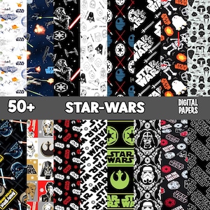 May include: A collection of digital papers featuring Star Wars-themed designs. The papers showcase various characters, symbols, and logos from the franchise, in a variety of colors and patterns. The text "50+ STAR-WARS DIGITAL PAPERS" is displayed.