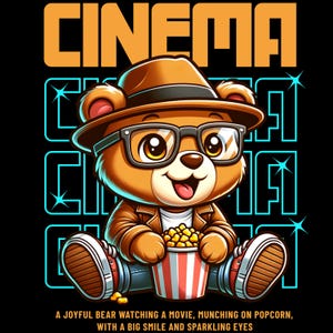 May include: A cartoon bear wearing glasses, a hat, and a jacket, holding a popcorn bucket. The word "CINEMA" is in orange above the bear, with text below that reads "A JOYFUL BEAR WATCHING A MOVIE, MUNCHING ON POPCORN, WITH A BIG SMILE AND SPARKLING EYES."