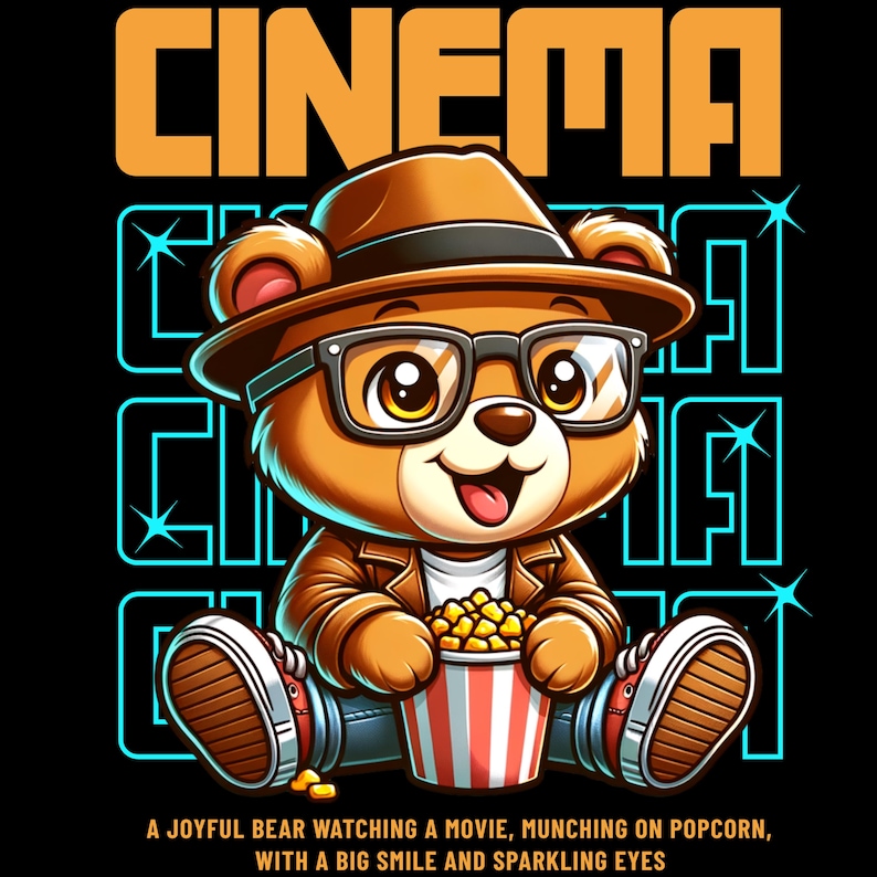 May include: A cartoon bear wearing glasses, a hat, and a jacket, holding a popcorn bucket. The word "CINEMA" is in orange above the bear, with text below that reads "A JOYFUL BEAR WATCHING A MOVIE, MUNCHING ON POPCORN, WITH A BIG SMILE AND SPARKLING EYES."