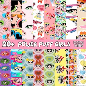 Puede incluir: Una colección de más de 20 papeles digitales con las Supernenas en varios patrones, incluyendo caras de personajes, corazones, estrellas y paisajes urbanos en colores vibrantes como rosa, amarillo, verde y azul con el texto 20+ POWER PUFF GIRLS.
