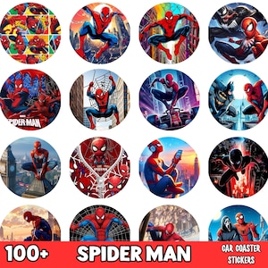 Może przedstawiać: Kolekcja okrągłych naklejek na podstawki samochodowe z różnymi ilustracjami Spider-Mana w pozach akcji. Projekty przedstawiają superbohatera w dynamicznych scenach, z żywymi kolorami i szczegółowymi grafikami. Tekst "100+ SPIDER MAN" znajduje się na dole.