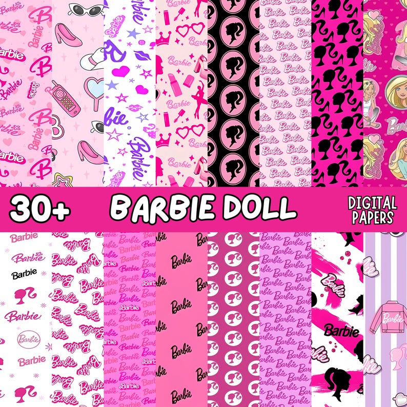 May include: A collection of digital papers featuring various pink patterns and Barbie-themed designs. The patterns include Barbie logos, silhouettes, and other related graphics. The text "30+ Barbie Doll Digital Papers" is displayed in a pink banner.