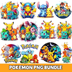 K&ouml;nnte beinhalten: Eine Sammlung farbenfroher, cartoonartiger Illustrationen mit verschiedenen Pok&eacute;mon-Charakteren, darunter Pikachu, Bulbasaur und Charmander. Die Bilder sind vor wei&szlig;em Hintergrund und enthalten den Text "Pokemon PNG Bundle".