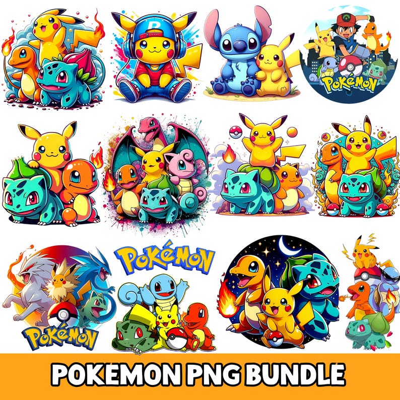 K&ouml;nnte beinhalten: Eine Sammlung farbenfroher, cartoonartiger Illustrationen mit verschiedenen Pok&eacute;mon-Charakteren, darunter Pikachu, Bulbasaur und Charmander. Die Bilder sind vor wei&szlig;em Hintergrund und enthalten den Text "Pokemon PNG Bundle".