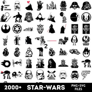 May include: A collection of black and white Star Wars-themed graphics. The image includes various characters, logos, and phrases such as "Baby on Board," "Dark Side," and "Storm Trooper." The text "2000+ STAR-WARS PNG+SVG FILES" is also present.