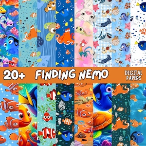 Może przedstawiać: Kolekcja ponad 20 cyfrowych papierów Finding Nemo z kolorowymi wzorami błazenków, pokolców, żółwi morskich i ośmiornic. Projekty zawierają różne podwodne sceny, rafy koralowe i postacie morskie na niebieskim, pomarańczowym i białym tle.