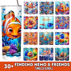 Puede incluir: Una colección de vasos con temática de Buscando a Nemo, con ilustraciones vibrantes de Nemo, Dory y otros personajes. Los vasos muestran varios diseños, incluyendo escenas submarinas y temas de cumpleaños. La imagen también incluye un vaso de acero inoxidable con un diseño de Nemo.