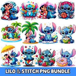 K&ouml;nnte beinhalten: Eine Sammlung farbenfroher PNG-Bilder mit den Charakteren Lilo und Stitch. Die Bilder zeigen Stitch in verschiedenen Posen, darunter beim Basketballspielen, Erdbeeren essen und einen Donut halten. Lilo ist ebenfalls in mehreren Bildern zu sehen. Der Text "LILO & STITCH PNG BUNDLE" steht unten.