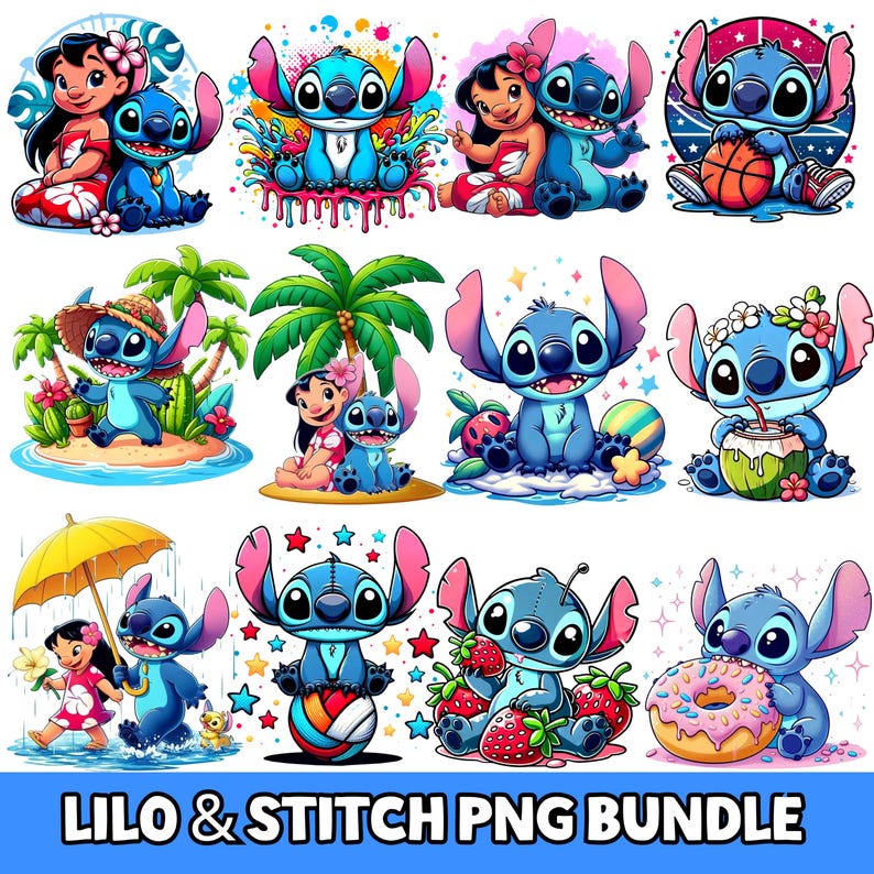K&ouml;nnte beinhalten: Eine Sammlung farbenfroher PNG-Bilder mit den Charakteren Lilo und Stitch. Die Bilder zeigen Stitch in verschiedenen Posen, darunter beim Basketballspielen, Erdbeeren essen und einen Donut halten. Lilo ist ebenfalls in mehreren Bildern zu sehen. Der Text "LILO & STITCH PNG BUNDLE" steht unten.