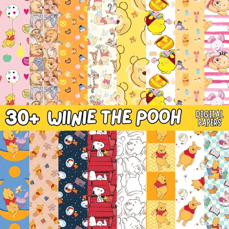 May include: A collection of 30+ Winnie the Pooh digital papers with various patterns. The designs feature Winnie the Pooh, Piglet, Tigger, and Eeyore, along with honey pots, balloons, and other related imagery. The color palette includes pink, yellow, orange, and blue.
