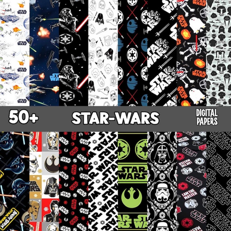 May include: A collection of digital papers featuring Star Wars-themed designs. The patterns include iconic characters, logos, and space battle scenes in various color schemes, including black, white, and red. The image also includes the text "50+ STAR-WARS DIGITAL PAPERS."