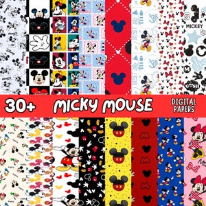 Peut inclure: Une collection de papiers numériques avec des motifs de Mickey Mouse. Les papiers présentent divers motifs, notamment le visage de Mickey, des gants et des silhouettes, dans des couleurs comme le rouge, le noir, le jaune et le blanc. Le texte "30+ MICKY MOUSE DIGITAL PAPERS" est affiché en rouge.