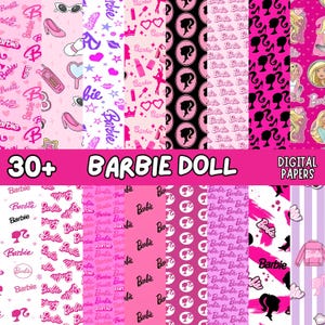 Op de afbeelding: Een verzameling digitale papieren met verschillende roze patronen en Barbie-thema's. De patronen omvatten Barbie-logo's, silhouetten en andere gerelateerde afbeeldingen. De tekst "30+ Barbie Doll Digital Papers" wordt weergegeven in een roze banner.